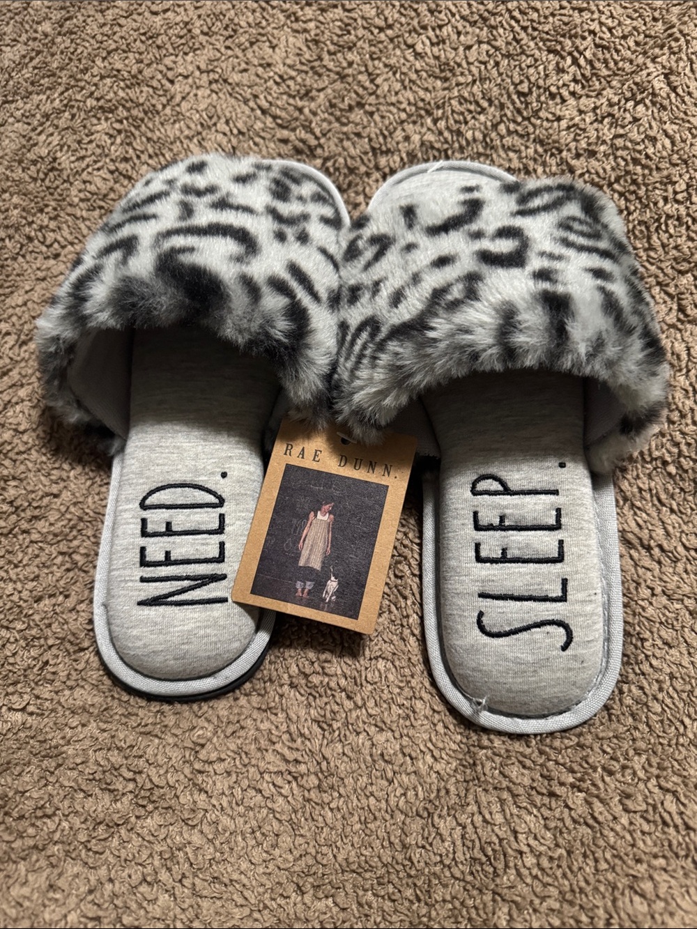 Rae Dunn Gray Leopard Faux Fur Slide Slippers - NEED / SLEEP